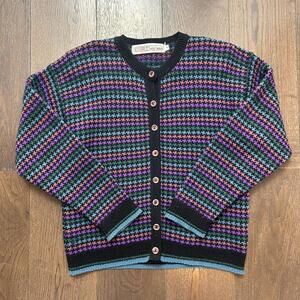 Vintage Auld School Wool Knit Colorful Cardigan Sweater Women's Size Medium